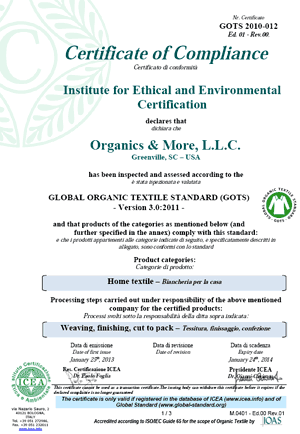 Certificate of Compliance for organic fabrics from Organics and More LLC